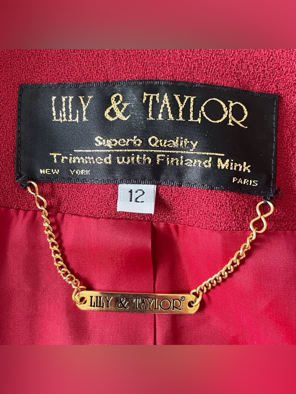 Lily&Taylor Vintage Red Wool Full-Length Coat Trimed with Finland Mink, 12 - Picture 5 of 6